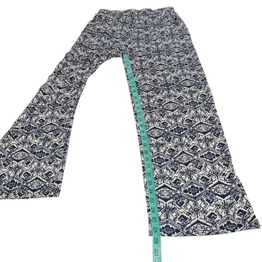 Navy Blue Geometric Diamond Print Wide Leg Pants Elastic Waist Pockets Boho #251